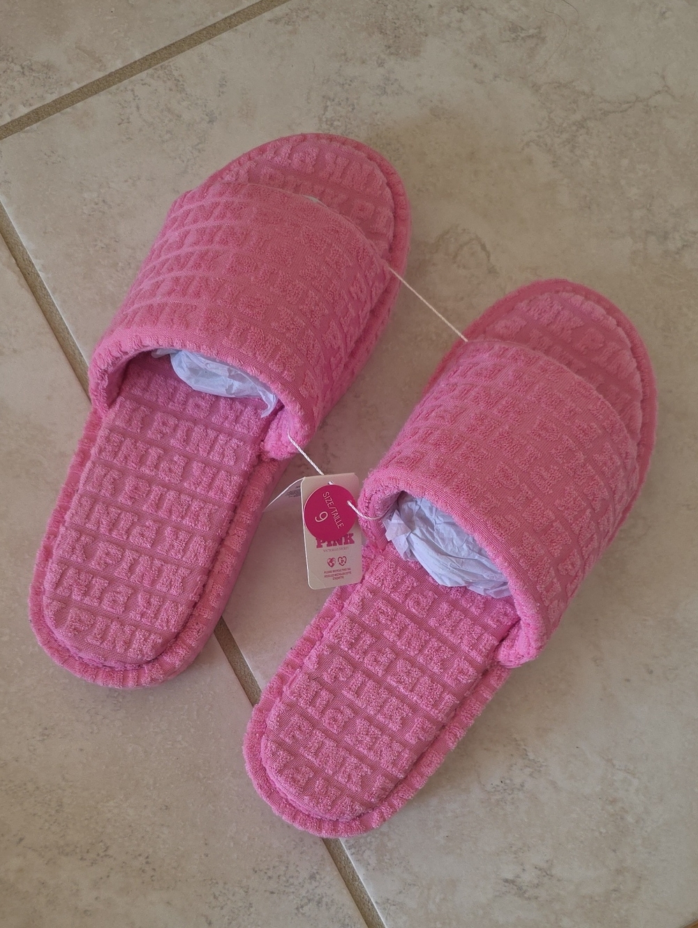 🌟🩷 PINK Victoria's Secret Bubblegum Pink Terry Waffle Slide Slippers 🩷🌟
